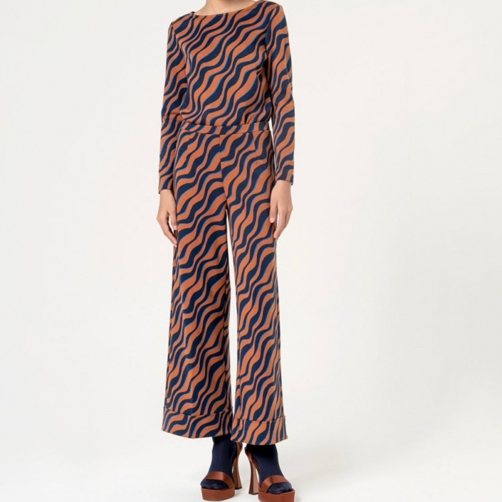 SURKANA Matching Set Wide Leg Pants & Top Retro Print Burnt Orange & Navy Size S